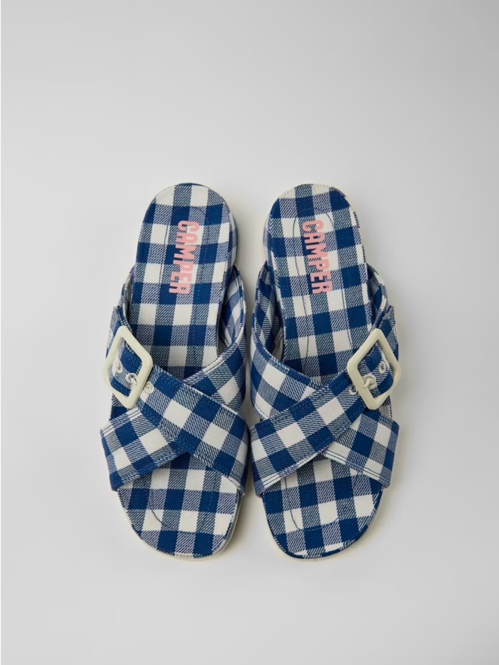 Camper Blue & White Gingham Cross-Strap Sandals
